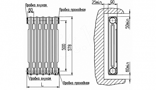 Схема для Радиатор алюминиевый Ogint Alpha 500*80мм (7 секций)
